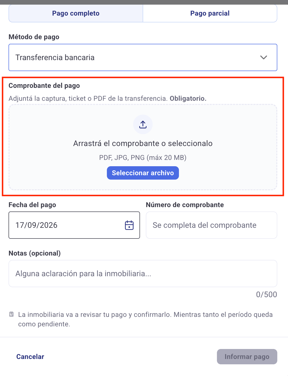 Zona para arrastrar el comprobante, con el botón Seleccionar archivo y el aviso de que es obligatorio
