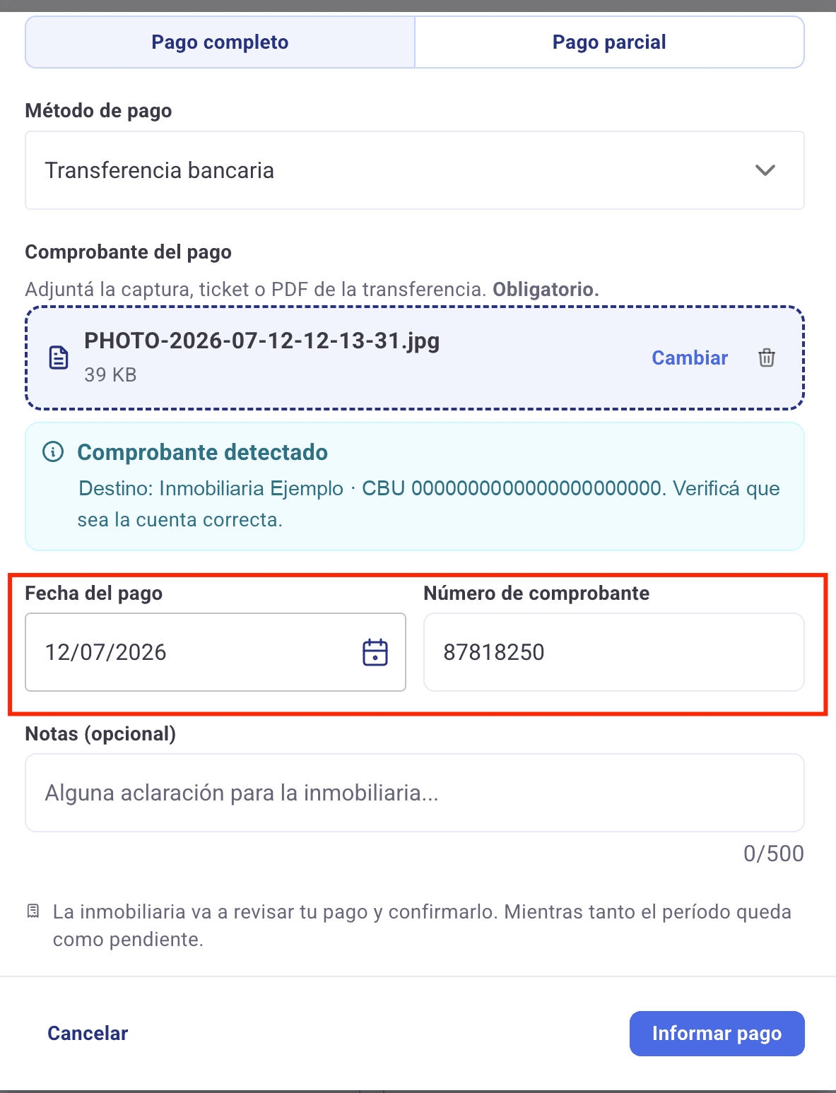 Comprobante ya cargado, con el aviso Comprobante detectado y la fecha del pago y el número de comprobante completados solos
