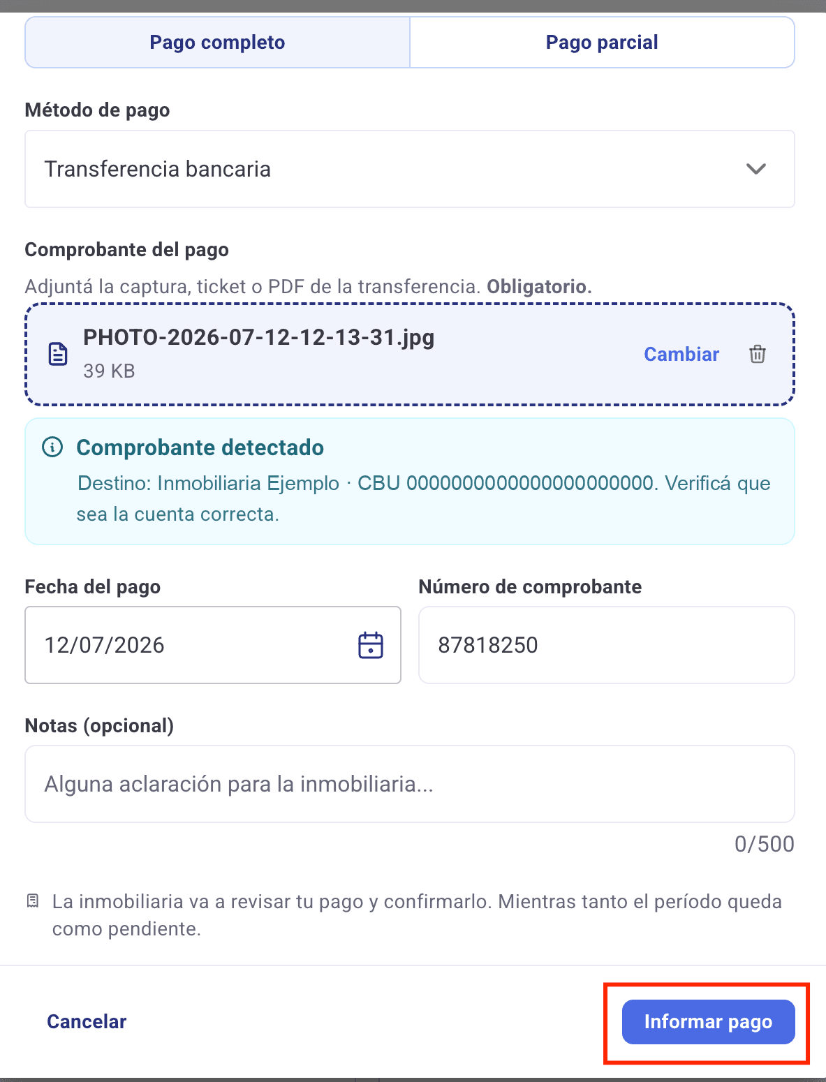 Formulario completo con el botón Informar pago habilitado abajo a la derecha