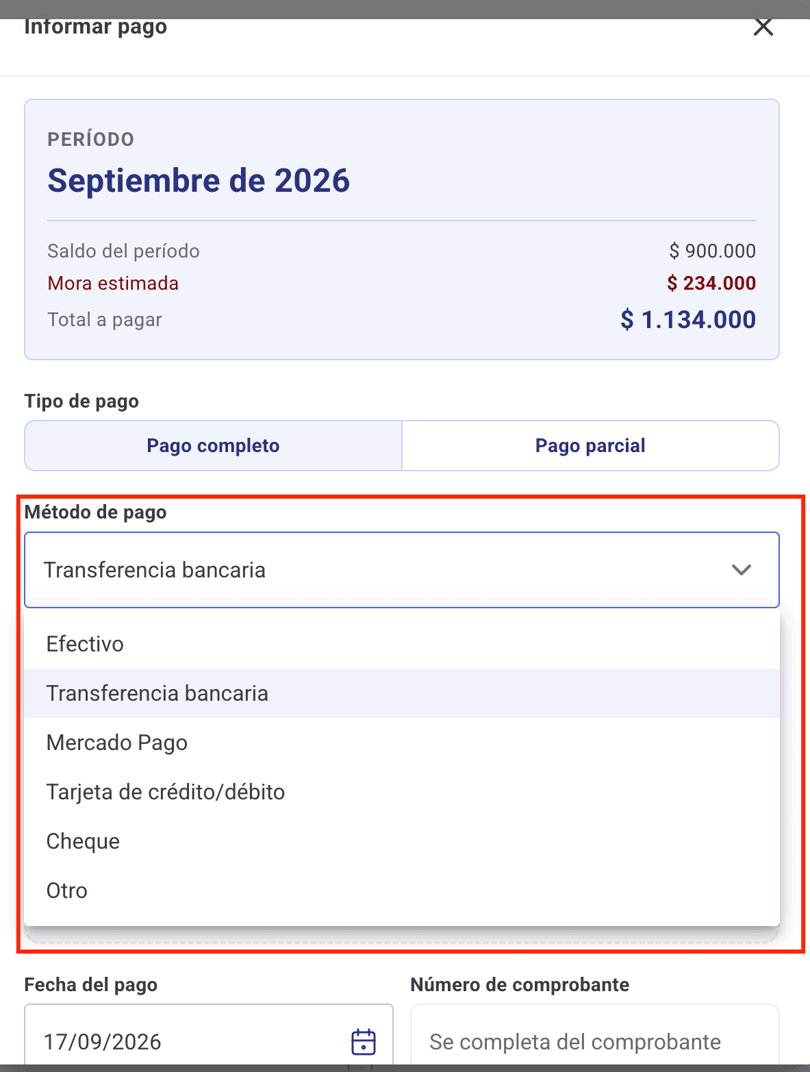 Desplegable de método de pago abierto con las opciones Efectivo, Transferencia bancaria, Mercado Pago, Tarjeta, Cheque y Otro