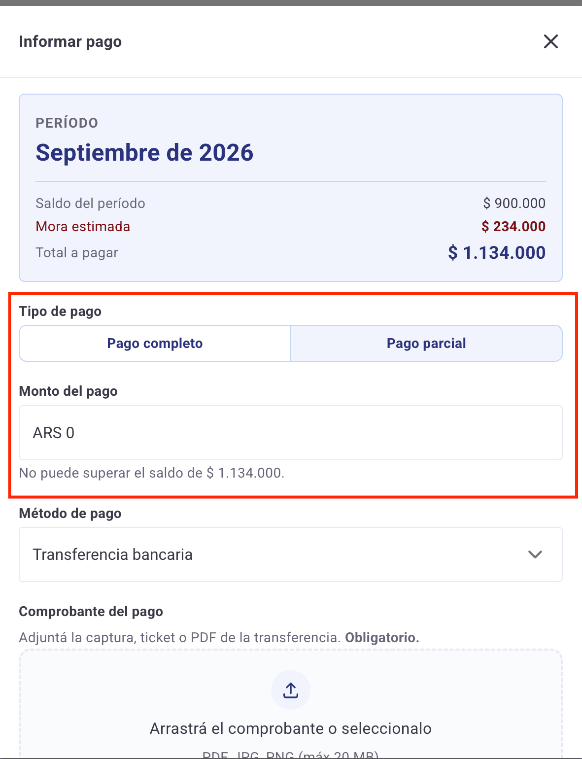 Opción Pago parcial seleccionada, con el campo Monto del pago y el aviso de que no puede superar el saldo