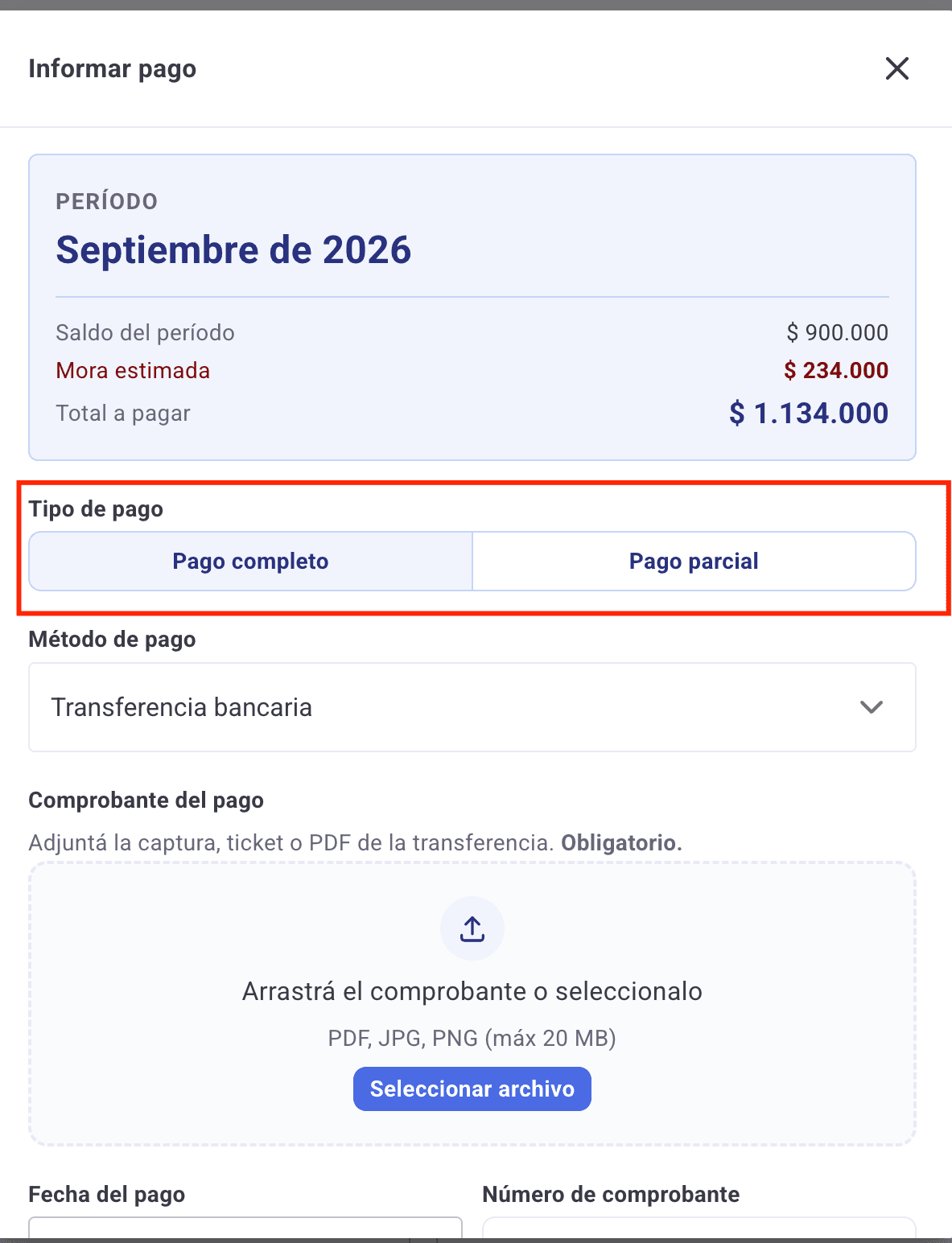 Formulario Informar pago con el resumen del período y el selector Pago completo / Pago parcial resaltado