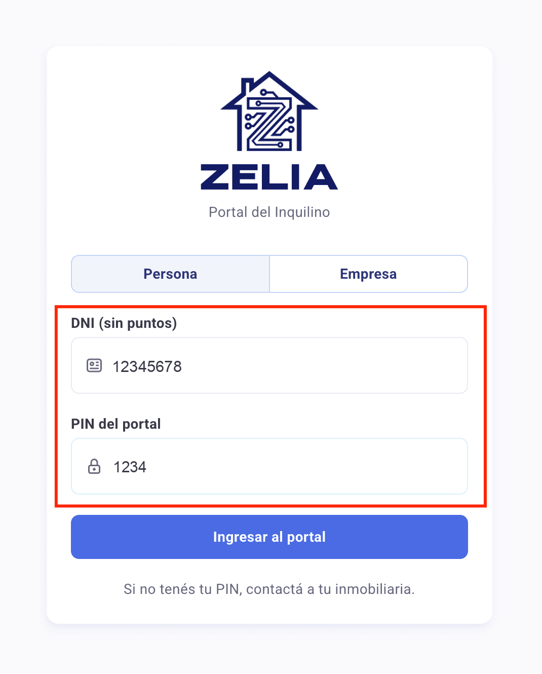 Campos DNI (sin puntos) y PIN del portal completados, con el botón Ingresar al portal ya habilitado en azul