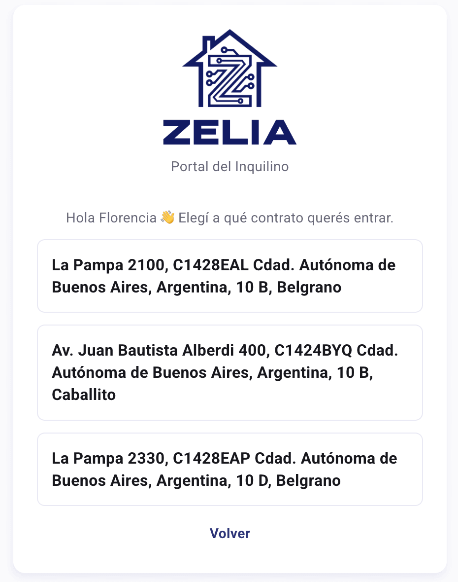 Pantalla de selección con las direcciones de las propiedades del inquilino para elegir a cuál entrar