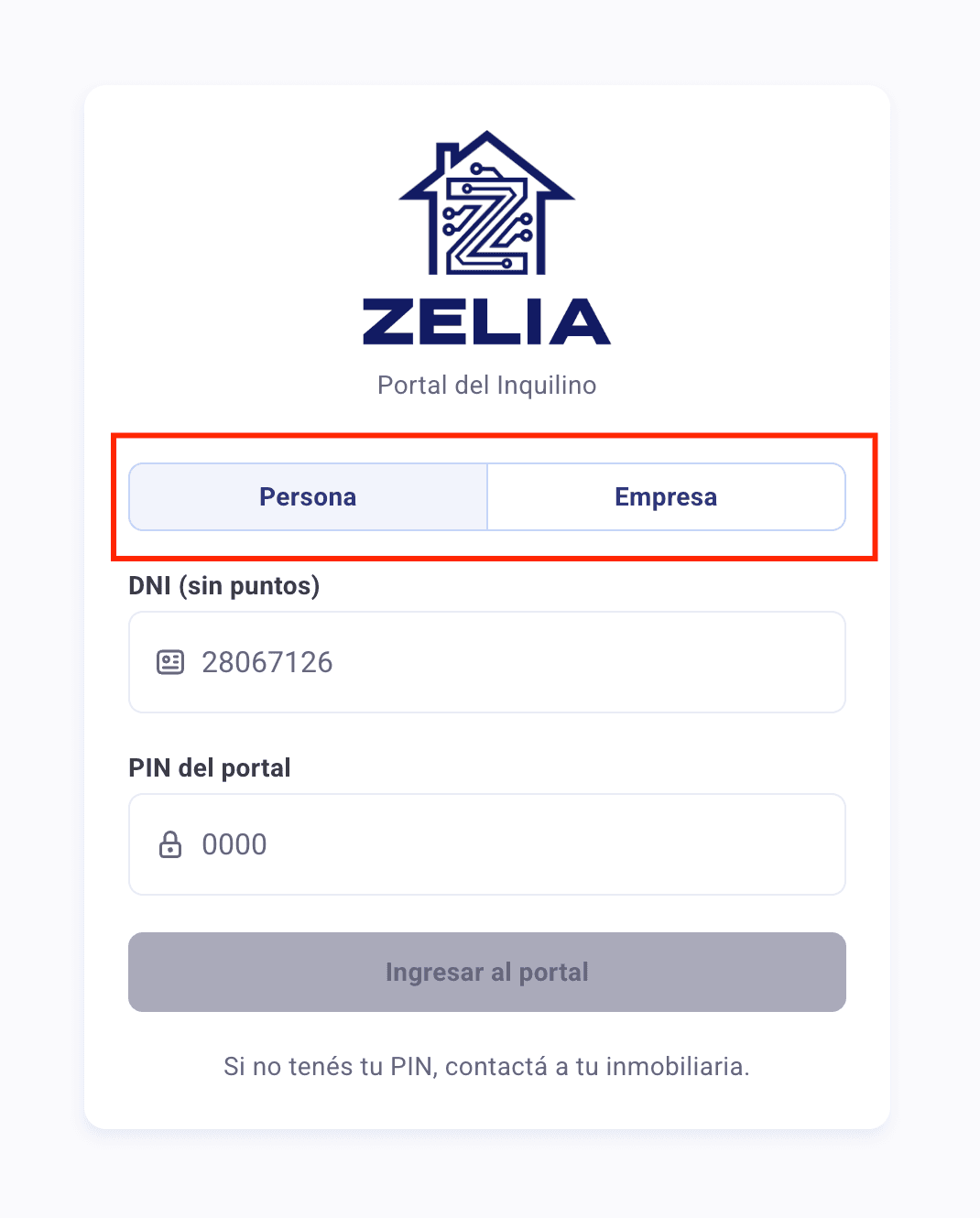 Selector con las opciones Persona y Empresa arriba de los campos de acceso
