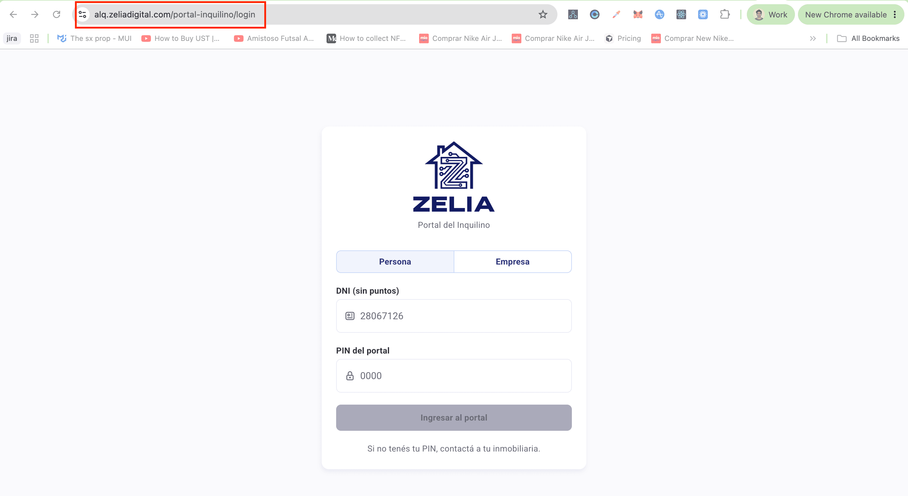 Navegador con la dirección alq.zeliadigital.com/portal-inquilino/login y la pantalla de acceso al Portal del Inquilino