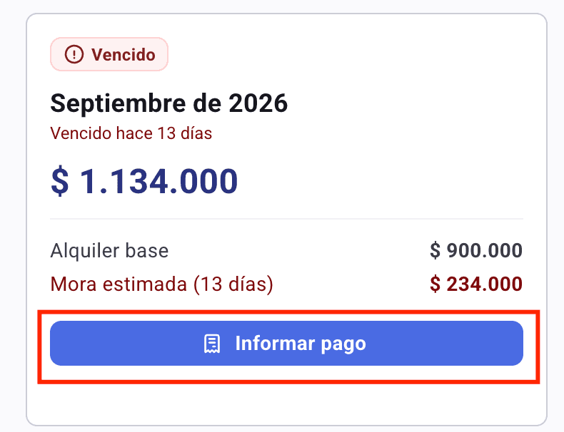 Tarjeta de un mes vencido con el botón Informar pago resaltado