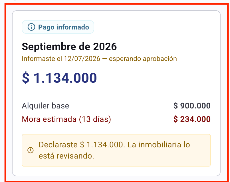 Tarjeta del mes con la etiqueta Pago informado, la fecha en que se informó y el aviso de que la inmobiliaria lo está revisando