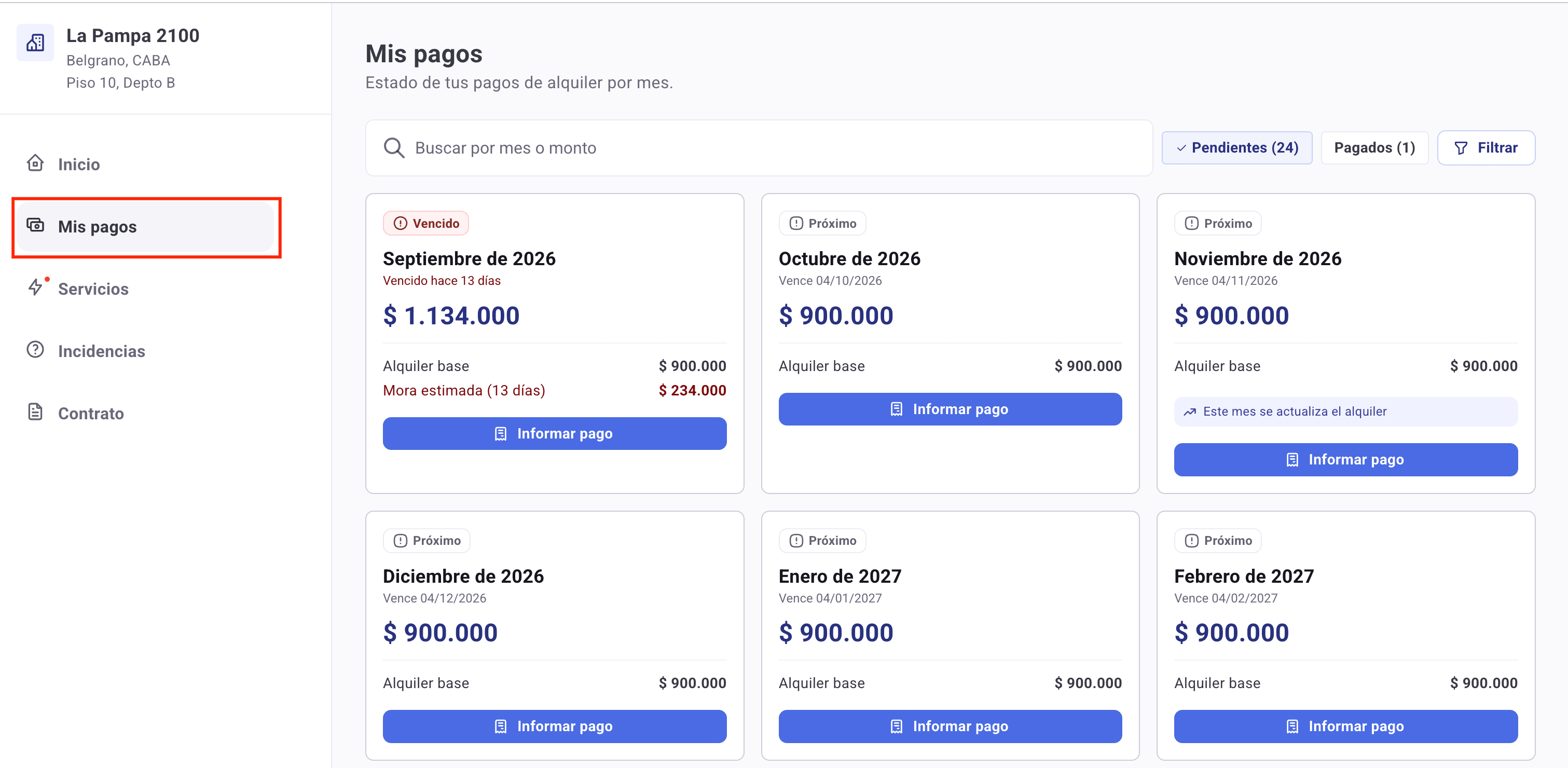 Pantalla Mis pagos con el buscador, los filtros Pendientes y Pagados, y las tarjetas de cada mes