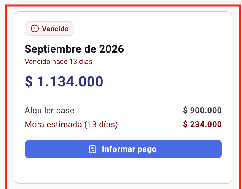 Tarjeta de Septiembre de 2026 marcada como Vencido, con el total, el alquiler base y la mora estimada
