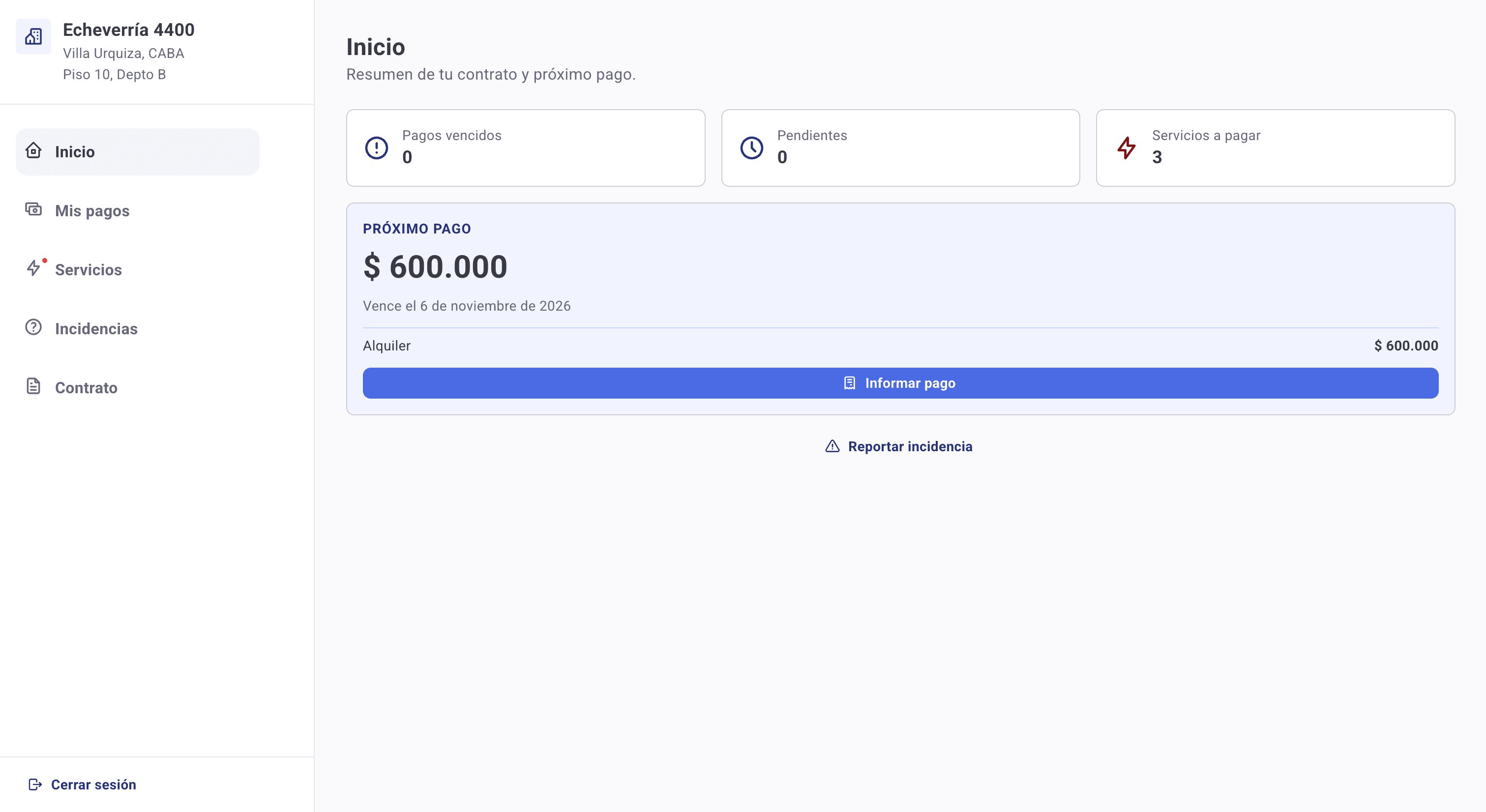Pantalla de Inicio del portal del inquilino con el menú lateral y la tarjeta de próximo pago