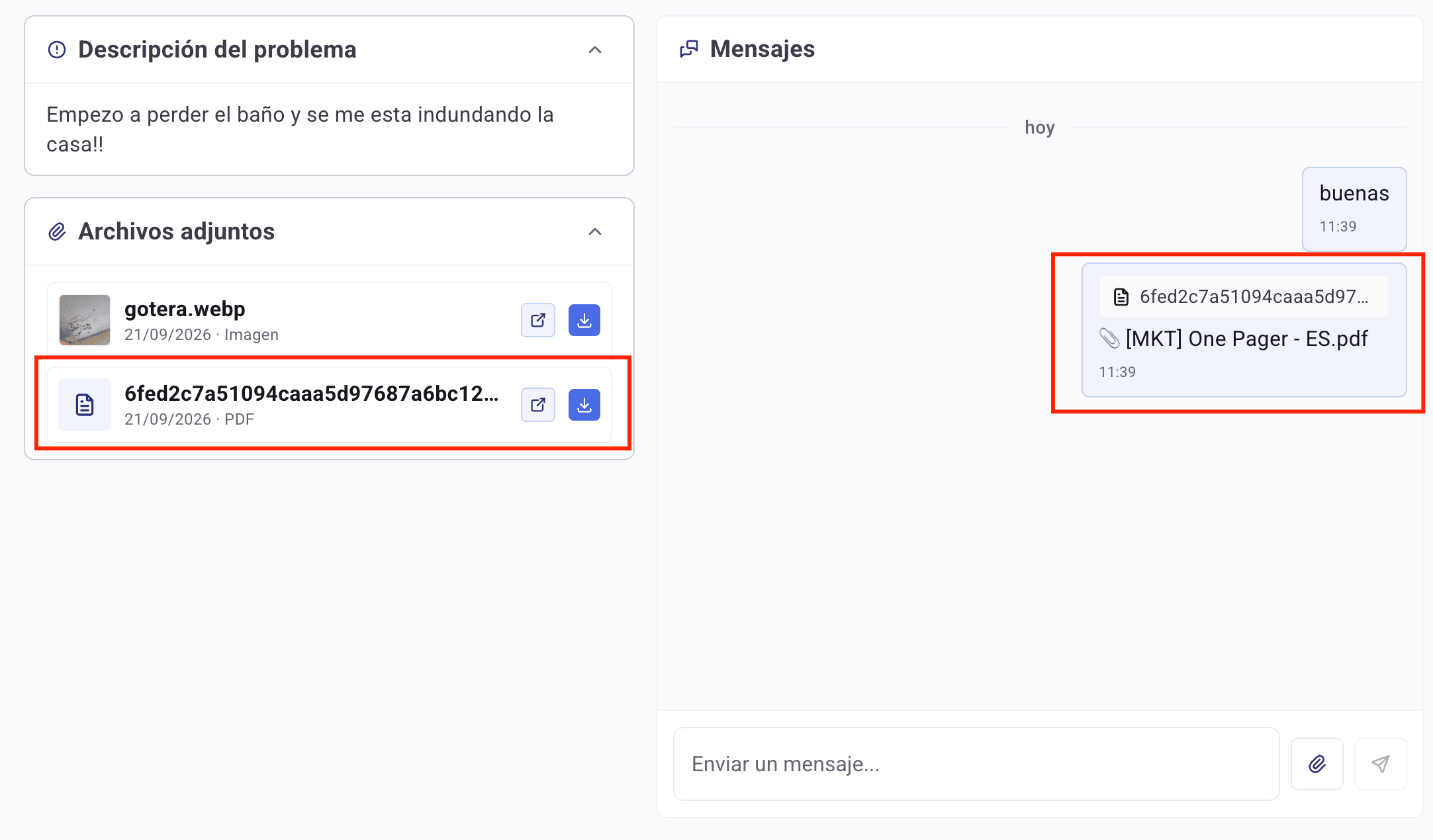 Archivo enviado por el chat, visible en el mensaje y también en la lista de Archivos adjuntos