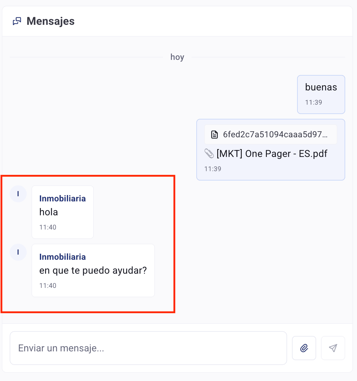Respuesta de la inmobiliaria en el chat, a la izquierda y con su nombre