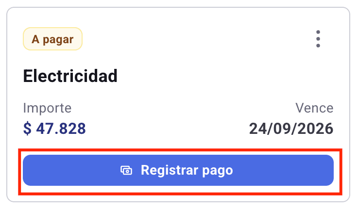 Tarjeta del servicio Electricidad en estado A pagar con el botón Registrar pago resaltado