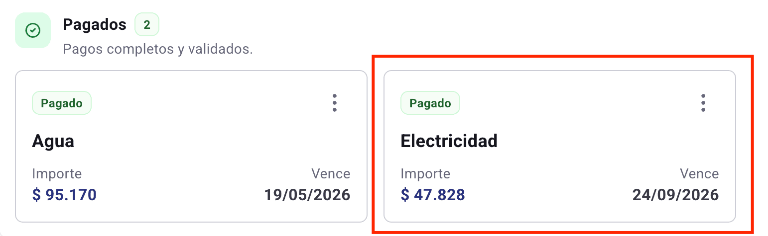 Grupo Pagados con las tarjetas de Agua y Electricidad marcadas como Pagado