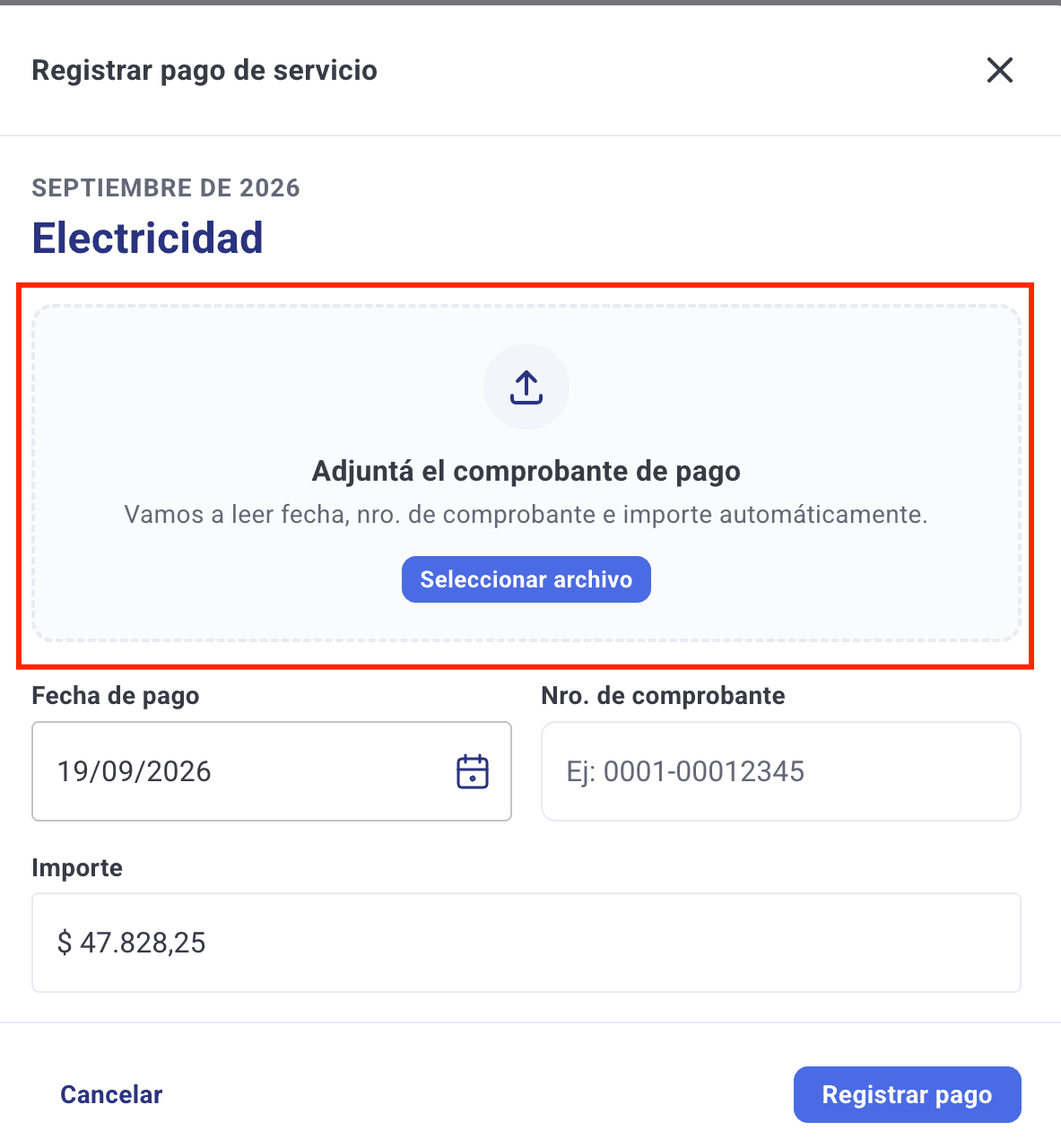 Zona para adjuntar el comprobante de pago resaltada dentro del formulario