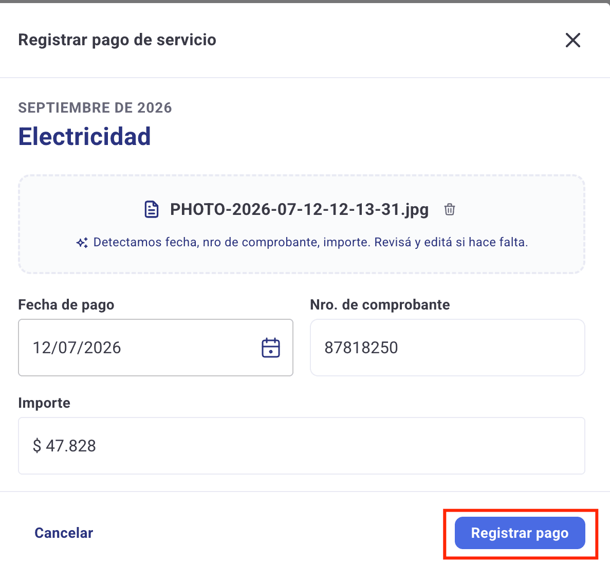 Formulario de registrar pago completo con el botón Registrar pago resaltado