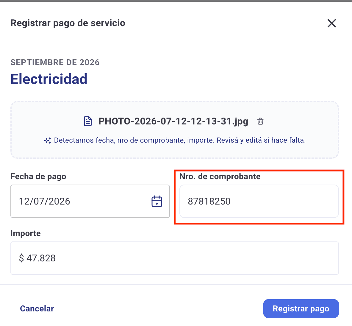Comprobante cargado con el número de comprobante detectado automáticamente y resaltado
