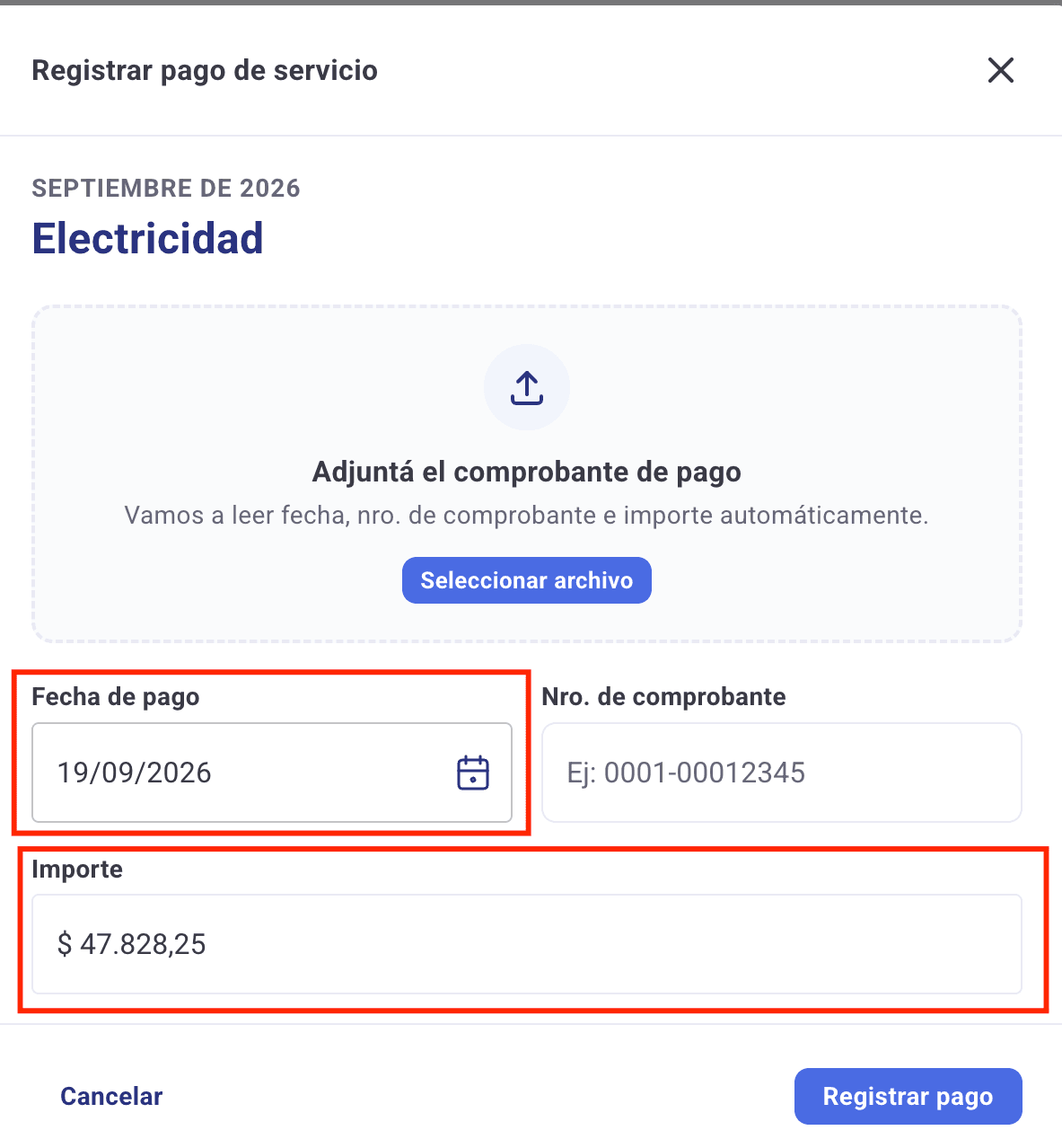 Formulario de registrar pago con la fecha de hoy y el importe de la factura ya completados