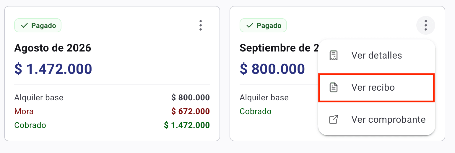 Menú desplegado de un mes pagado con las opciones Ver detalles, Ver recibo y Ver comprobante