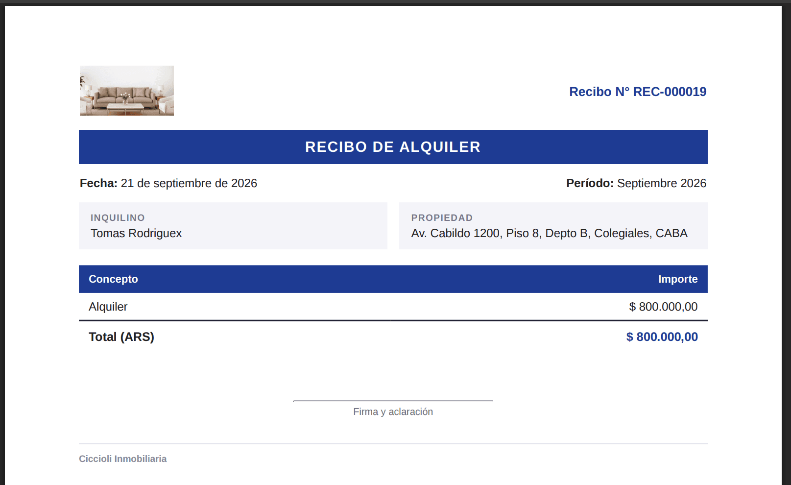 PDF del recibo de alquiler con el número, la fecha, el período, los datos del inquilino y la propiedad, y el detalle de conceptos