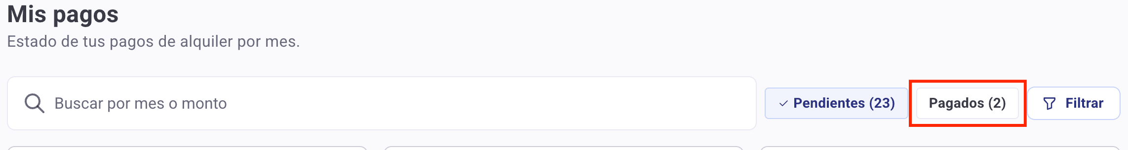 Encabezado de Mis pagos con la solapa Pagados resaltada, al lado de Pendientes