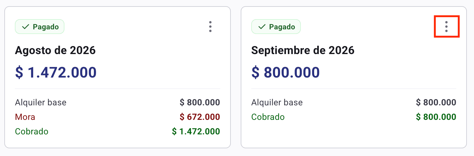Dos tarjetas de meses pagados, con la etiqueta verde Pagado y el desglose con la línea Cobrado