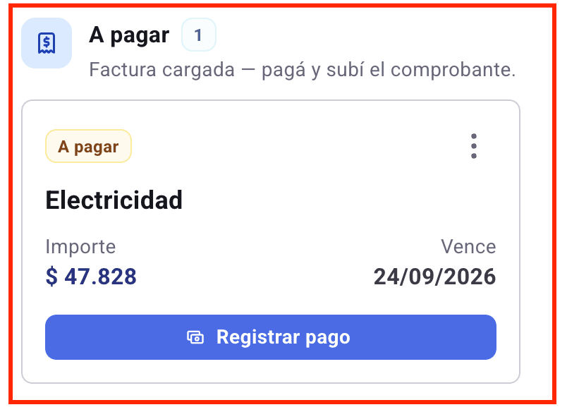 Grupo A pagar con la tarjeta de Electricidad mostrando el importe y la fecha de vencimiento
