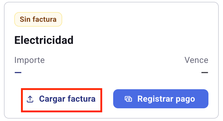 Tarjeta del servicio Electricidad sin factura, con el botón Cargar factura resaltado