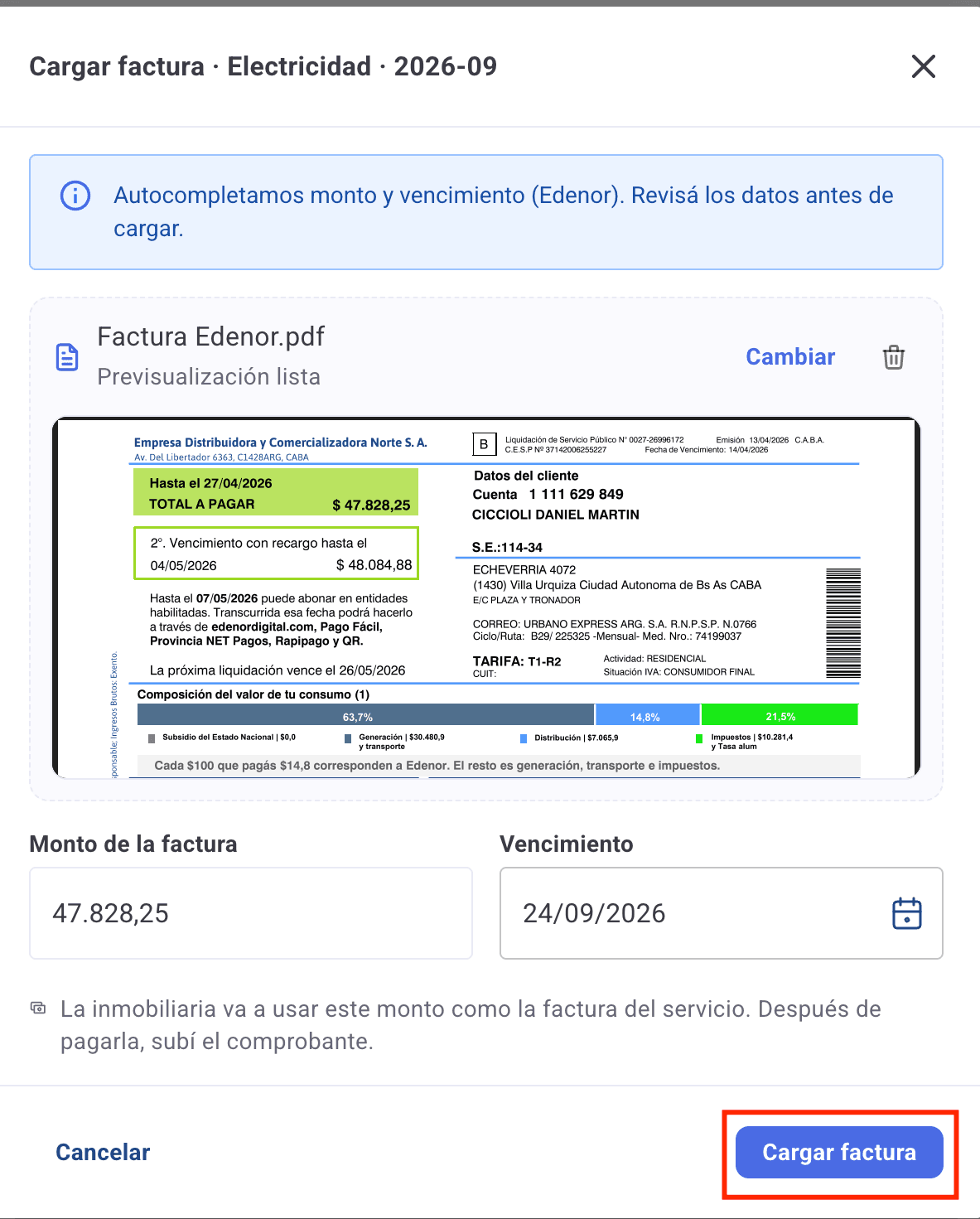 Formulario de carga de factura completo con el botón Cargar factura resaltado
