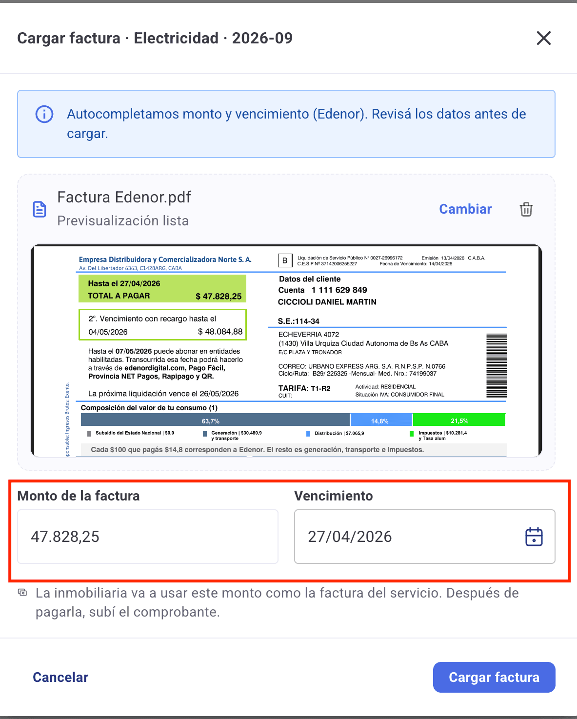 Factura de Edenor cargada con la previsualización del PDF y los campos de monto y vencimiento completados automáticamente