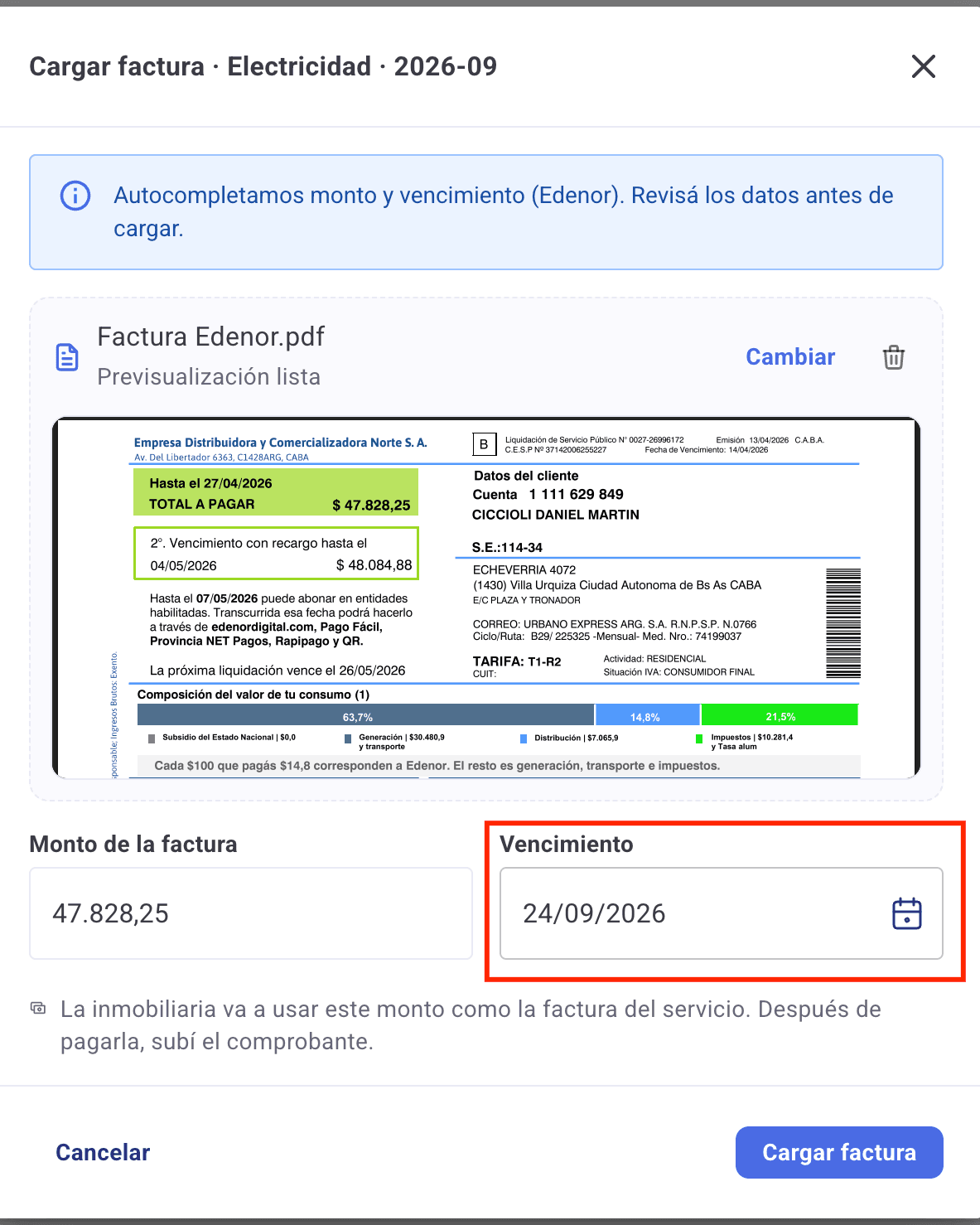 Campo Vencimiento editado a mano con una fecha distinta a la que se había detectado