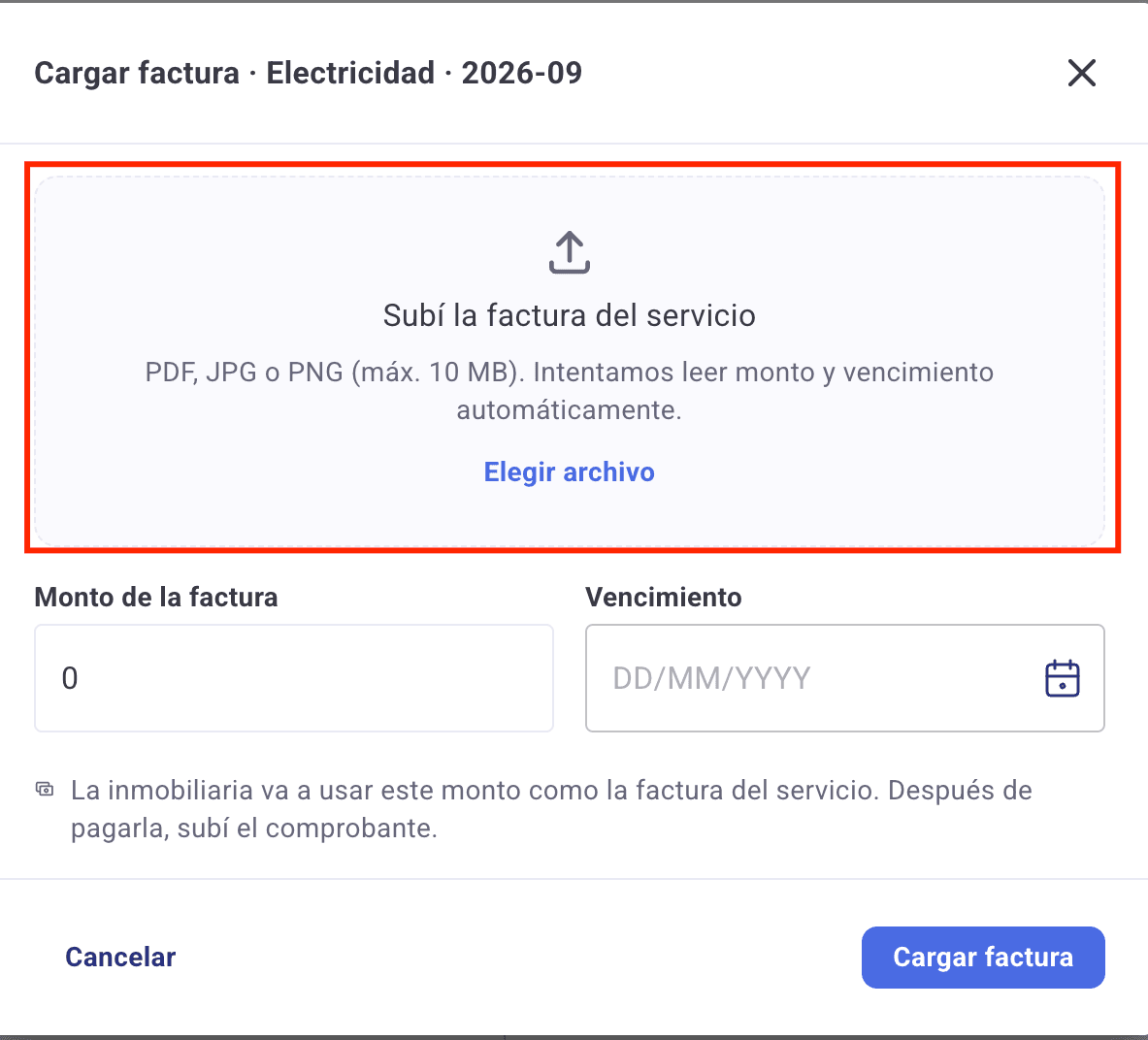 Formulario para cargar la factura del servicio Electricidad, con la zona para subir el archivo y los campos de monto y vencimiento vacíos